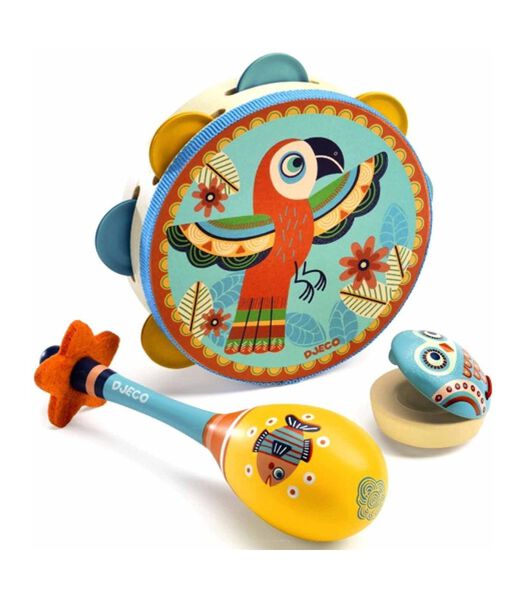 animambo Set of 3 instruments: Tambourine, maracas, castanet *