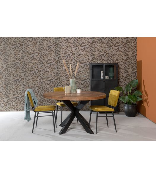 Omerta - Table de salle à manger - ronde - 130cm - bois de manguier - naturel - pied Spider en acier - laqué noir