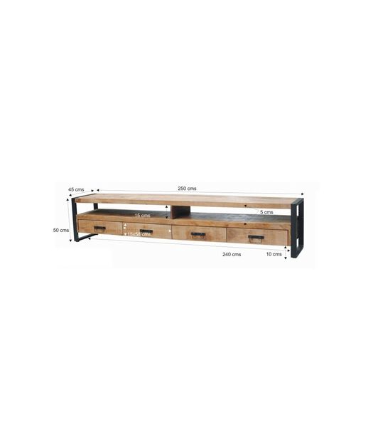 Robust - TV-meubel - 250cm - 4 lades - 2 nissen - naturel mangohout - staal
