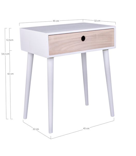 Scandinight - Table de nuit - blanc - bois de paulowna - 1 tiroir - naturel - 4 pieds