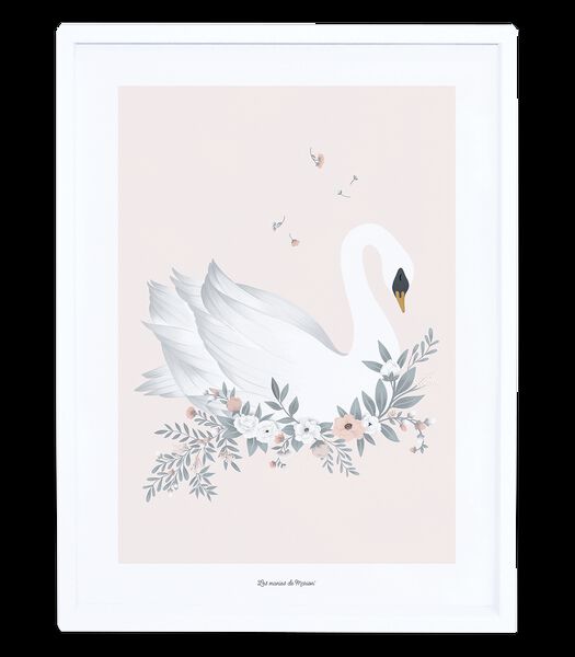 GRACE - Affiche enfant - Cygne et fleurs (fond rose)