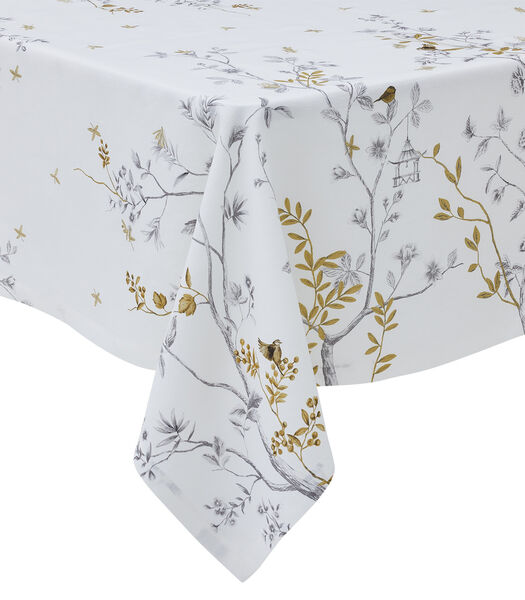 Nappe imprimée et brodée en lin, Mésanges, Made in France