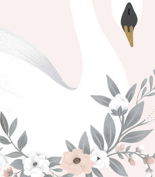 GRACE - Affiche enfant - Cygne et fleurs (fond rose)