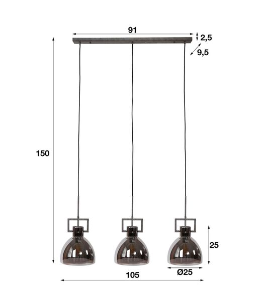 Chromed - Hanglamp - mondgeblazen glas - oud zilver - 3 lichtpunten