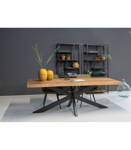 Omerta - Table de salle à manger - rectangulaire - tronc d'arbre - 160cm - manguier - naturel - pied araignée en acier - laqué noir