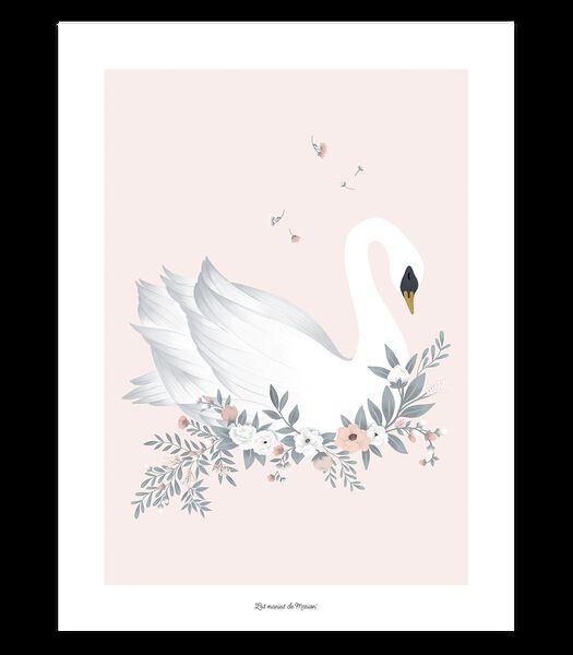 GRACE - Affiche enfant - Cygne et fleurs (fond rose)