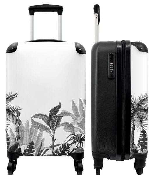 Valise spacieuse avec 4 roues et serrure TSA (Feuilles - Tropical - Vintage - Noir et blanc - Plantes)