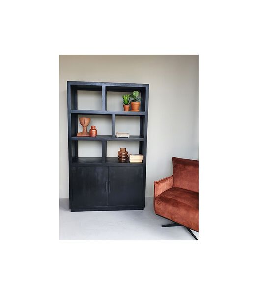 Black Omerta - Bibliotheekkast - mango - zwart - 2 deuren - 6 nissen - stalen frame