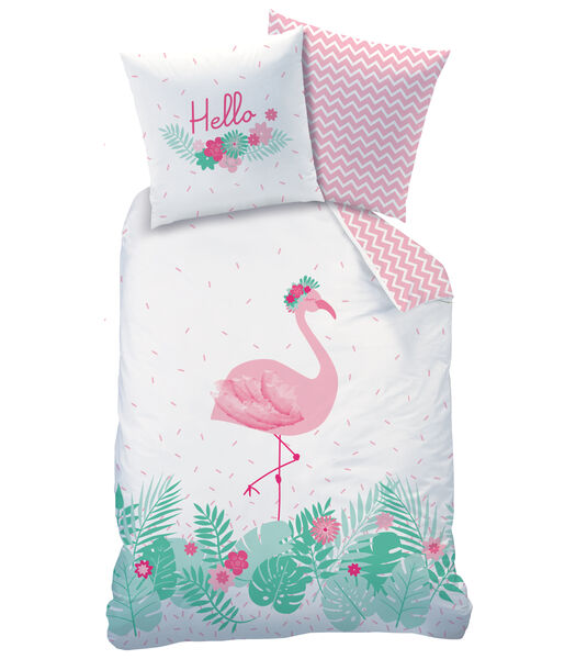 Parure de lit imprimée 100% coton, FLAMANT ROSE