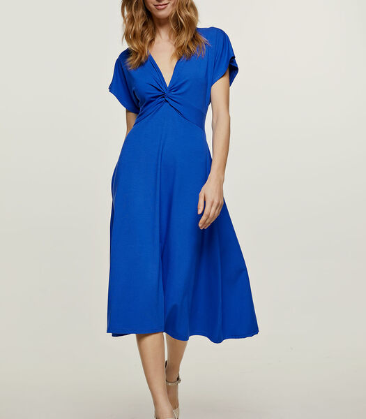 Blauw koninklijk midi-jurk met vlinderstrik