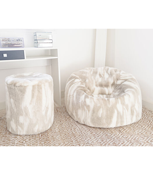 Pouf en fausse fourrure beige et blanche