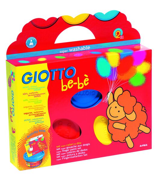 Gioto Be-Bè Box -Case: 3 X 100 Ml Finger Finger Paint Pot Red/Yellow/Cyan + Animal Shaped Sponge And Apron