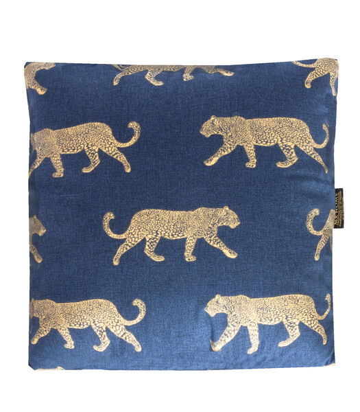Coussin en coton bleu cyan motif tigre or
