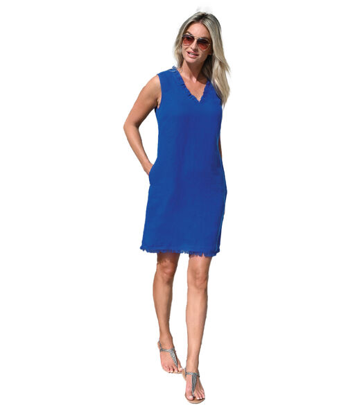 VANNA - ROBE CASUAL LIN BLEU ÉLECTRIQUE FRANGES