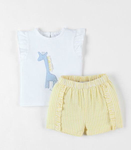 T-shirt met giraffe + short set, gele/ecru