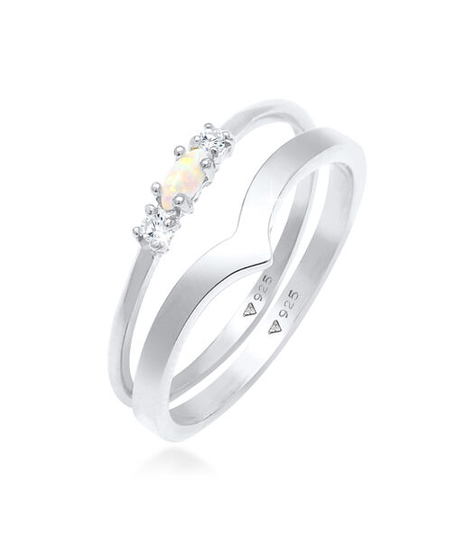 Bague Femmes Ensemble Marquise Forme De V Basique Avec Opale Synthétique Et Cristaux De Zirconium En Argent Sterling 925